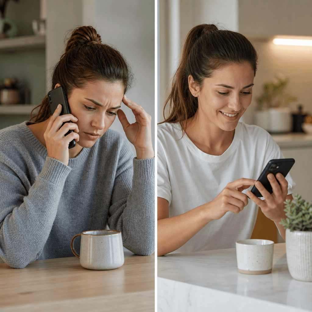 Split-screen illustration showing two patient experiences: left side shows frustrated caller getting voicemail and then searching 'dentist near me' on phone; right side shows caller receiving instant text confirmation that their request was received