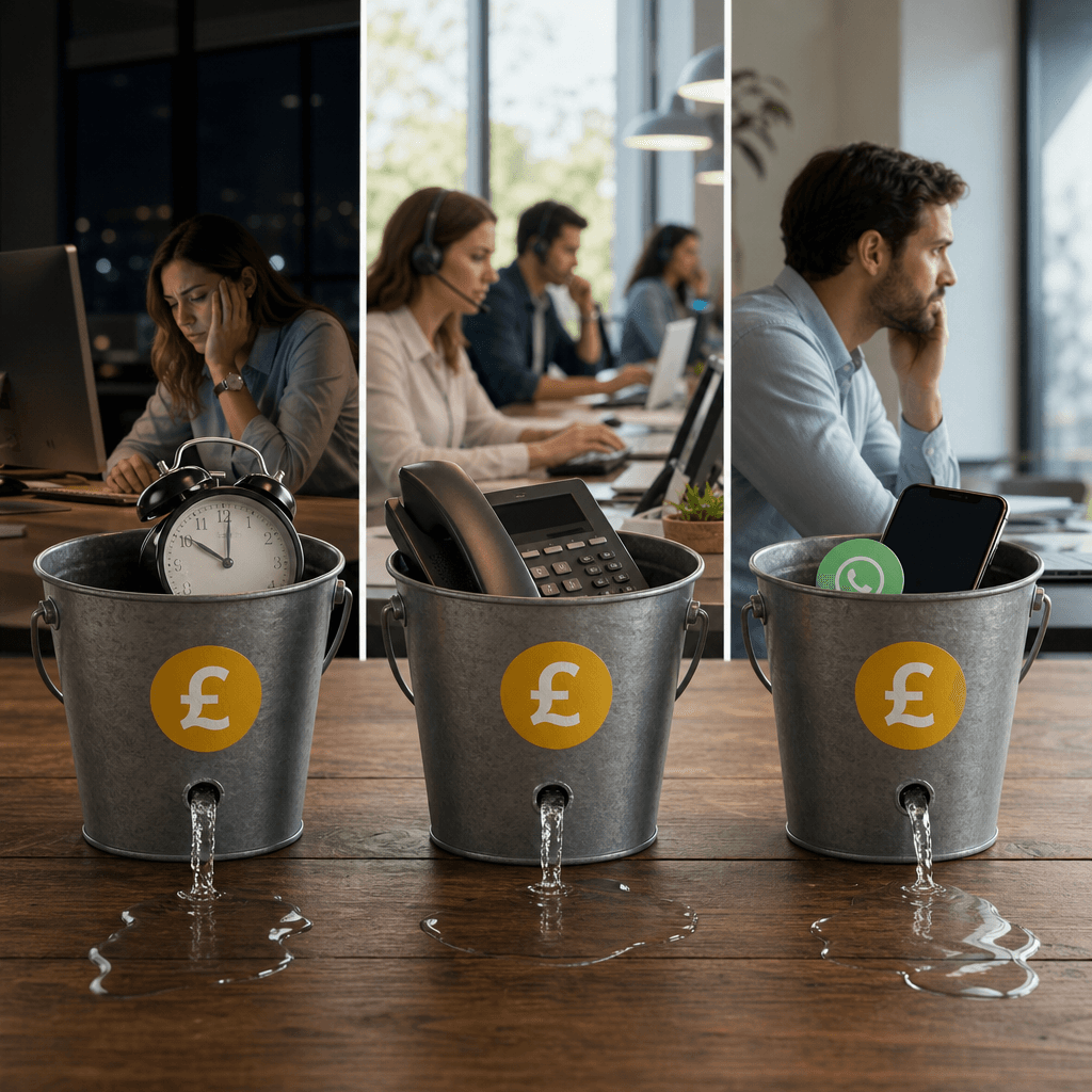 Infographic showing three buckets of missed calls: after-hours, daytime overflow, and slow response, each with a pound sign indicating revenue leakage