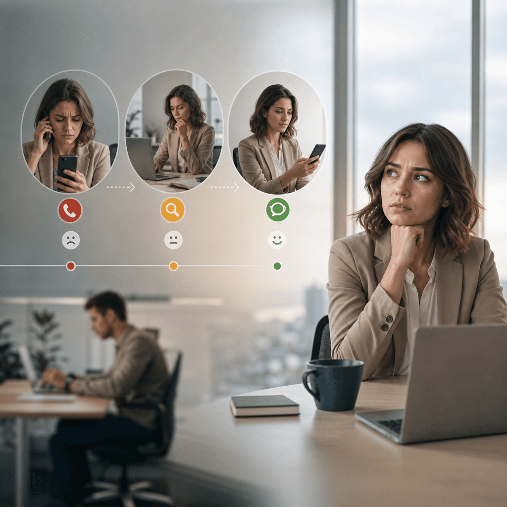 Infographie montrant une timeline de 3 minutes avec le parcours émotionnel du client (frustration, recherche alternatives, décision) et le coût d'opportunité associé à chaque étape