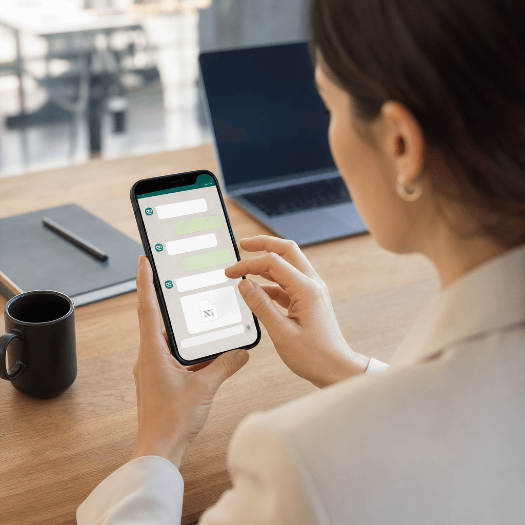 Capture d'écran stylisée d'une conversation WhatsApp Business: question de qualification de l'agent IA, réponse client, puis envoi automatique d'un devis PDF