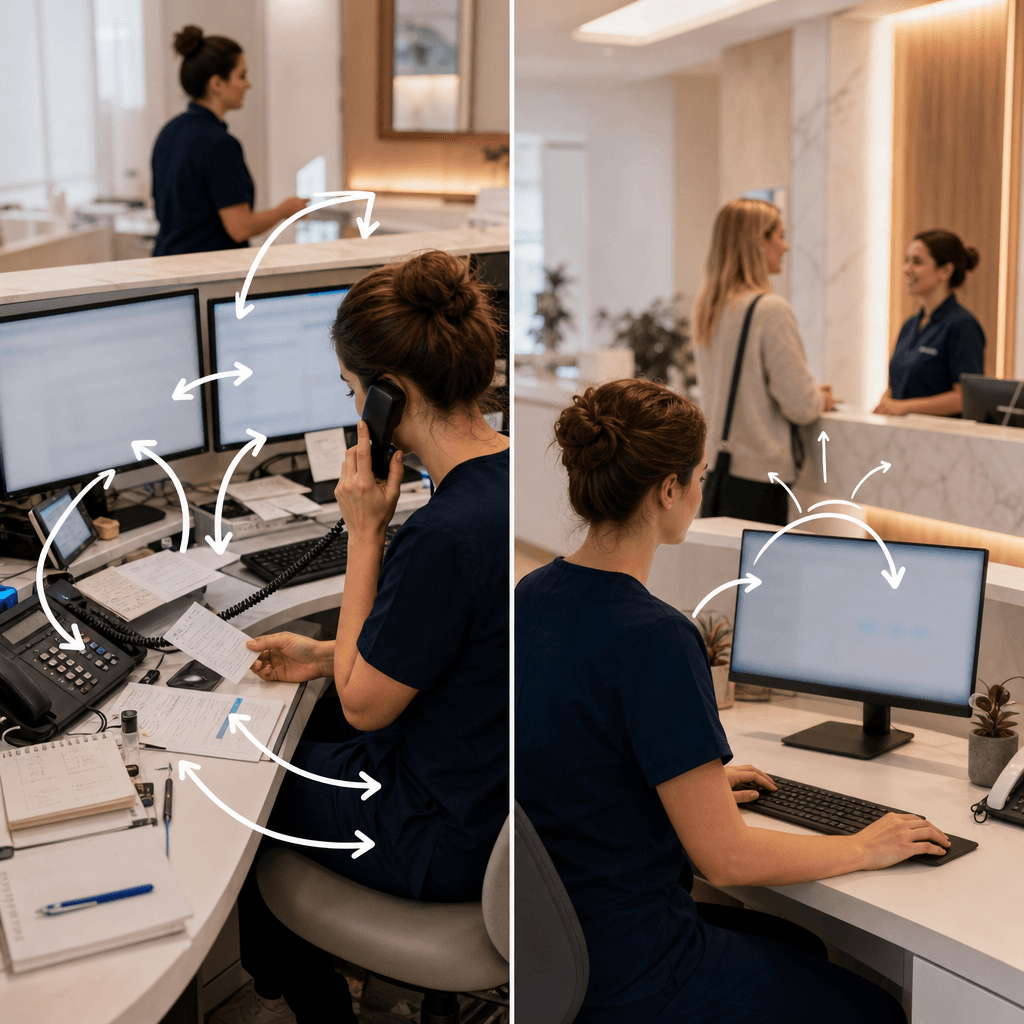 Split-screen illustration: left side shows a receptionist juggling phone, paper notes, and multiple screens with arrows showing manual data transfer; right side shows the same receptionist with a single integrated dashboard where data flows automatically between systems