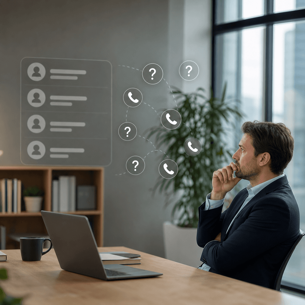 Infographie montrant un CRM avec une zone grise/aveugle représentant les appels téléphoniques non tracés, avec des icônes de téléphone et points d'interrogation