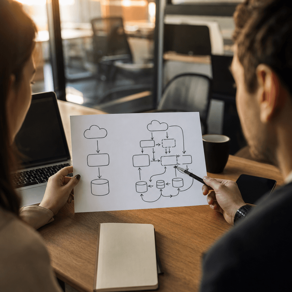 Infographic showing two paths: CRM-native (simple arrow) vs standalone (complex flowchart with multiple integration points, APIs, and maintenance loops)
