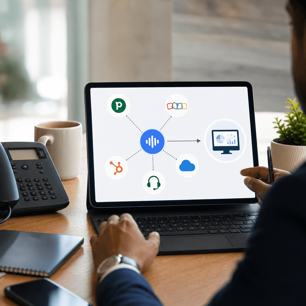 Diagram showing a hub-and-spoke model with standalone voice AI in the center connecting to multiple CRM logos (Pipedrive, Zoho, etc.) with unified data flowing to a single dashboard
