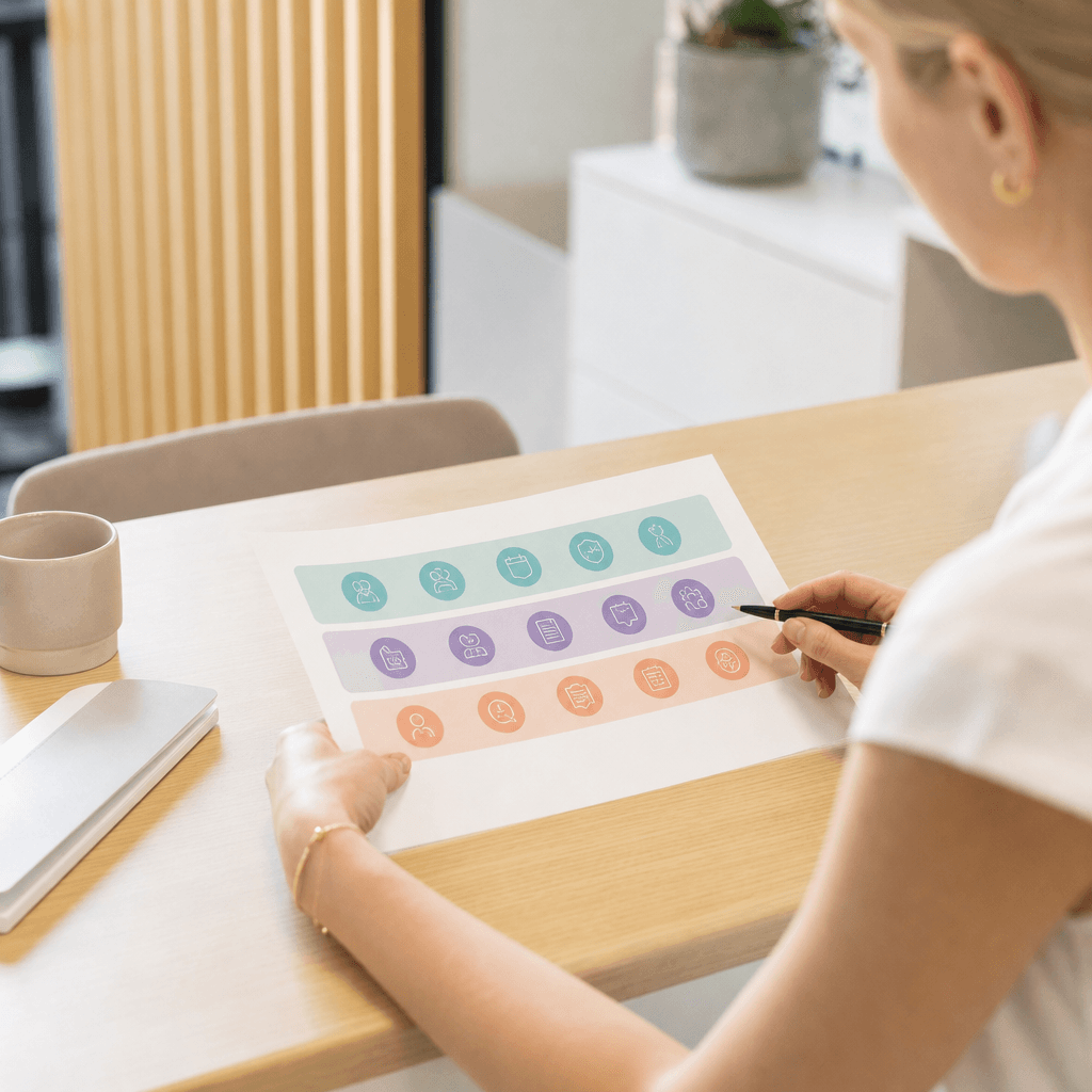 Visual table or matrix showing the 15 tasks organised into three categories with icons representing patient-facing, administrative, and preventable tasks