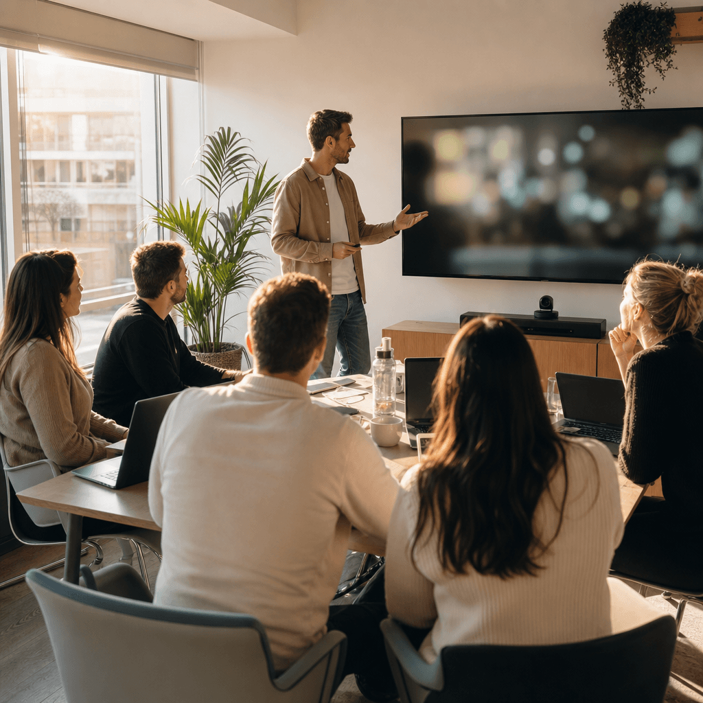 Illustration d'une équipe de PME en formation courte devant un écran, ambiance décontractée et professionnelle