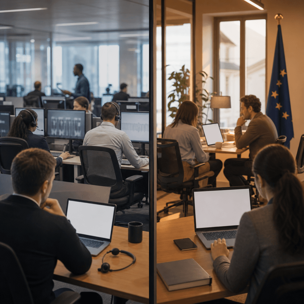 Split visual comparing high-risk call centre AI (agent monitoring, emotion detection) vs limited-risk SME AI (customer routing, FAQ handling) with compliance complexity indicators