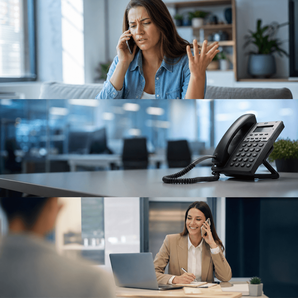 Infographie montrant le parcours d'un appel manqué: client qui appelle, téléphone qui sonne dans le vide, client frustré qui contacte un concurrent