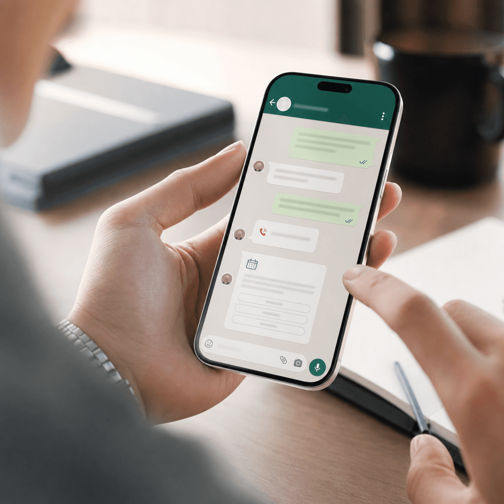 Capture d'écran stylisée d'une conversation WhatsApp Business montrant un message de relance automatique après appel manqué avec proposition de créneau