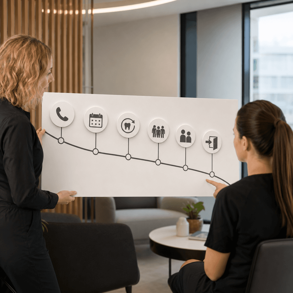 Timeline infographic showing 18 month cascade with six system icons (phone, calendar, recall, patient faces, team, revolving door) arranged along a descending cost curve