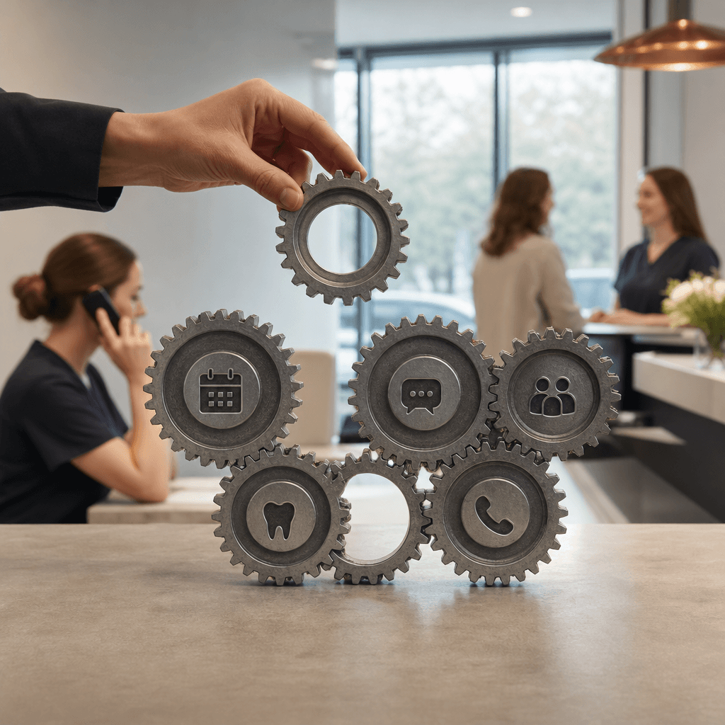 Visual showing six connected gear wheels labeled with each system, with one gear removed and others grinding/misaligned
