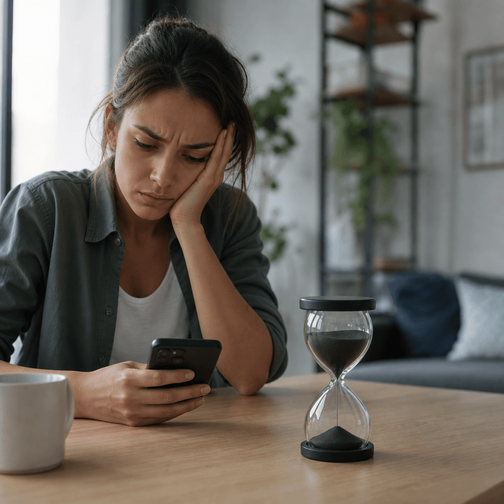 Illustration d'une personne frustrée regardant son téléphone avec un chronomètre affichant plusieurs heures d'attente, symbolisant l'impatience client moderne
