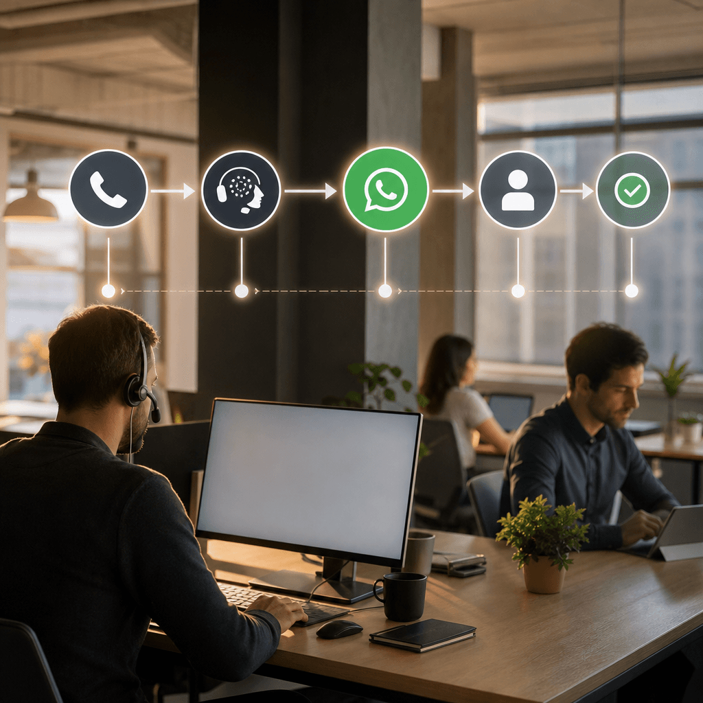 Schéma de workflow montrant le parcours appel entrant vers qualification IA vers message WhatsApp automatique vers conversion, avec indicateurs de taux à chaque étape