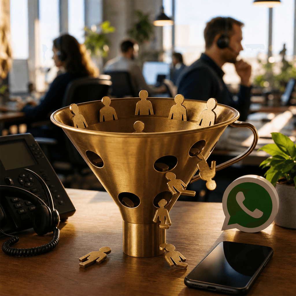 Illustration d'un entonnoir de conversion percé : des appels entrent mais des clients s'échappent par des trous symbolisant les erreurs de configuration