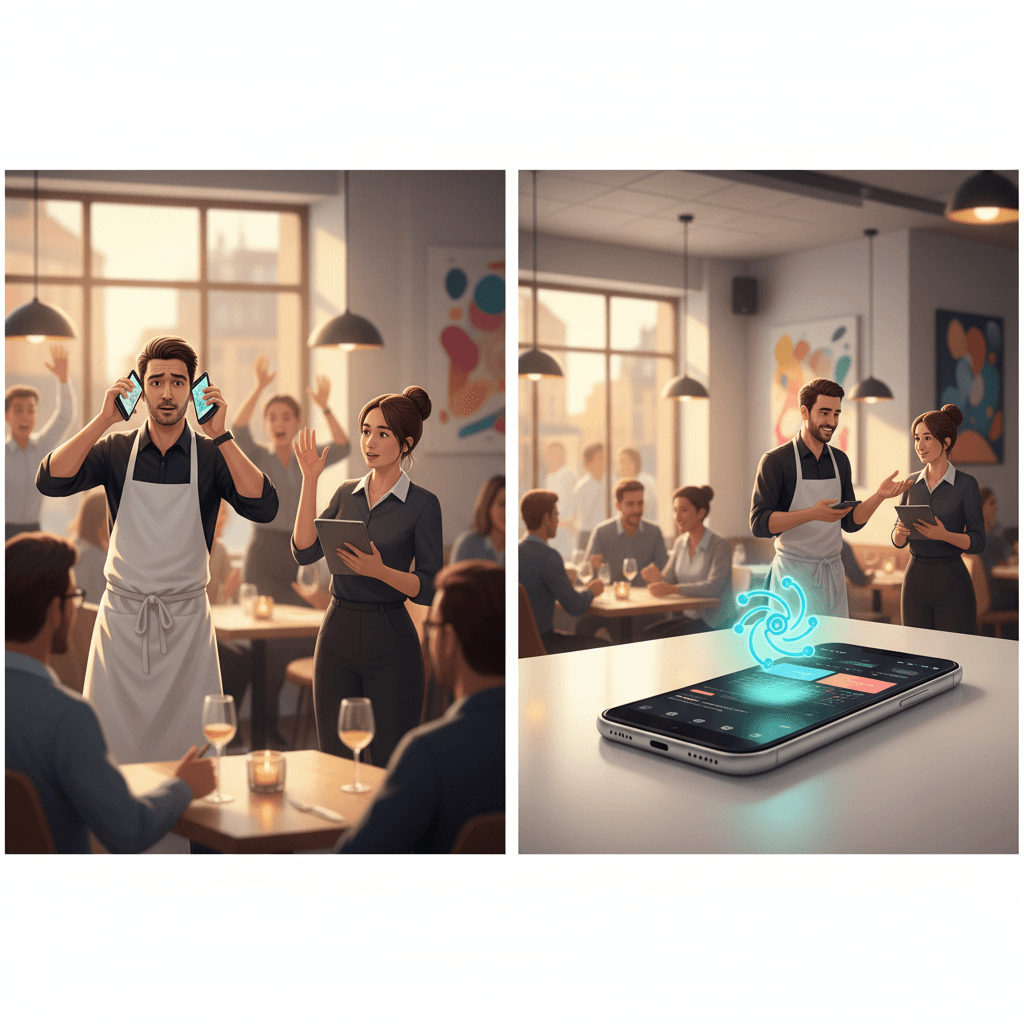 Split-screen illustration: left side shows stressed restaurant staff juggling phones and customers during busy service, right side shows phone with AI assistant icon handling calls while staff focus on diners