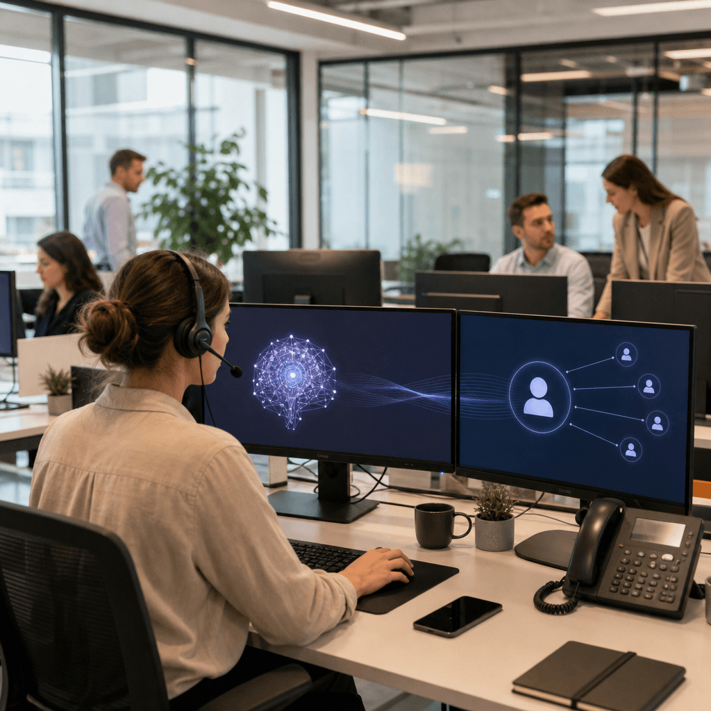 Schéma comparatif montrant le parcours d'un appel : IA qui qualifie, routage automatique vers CRM, notification équipe commerciale