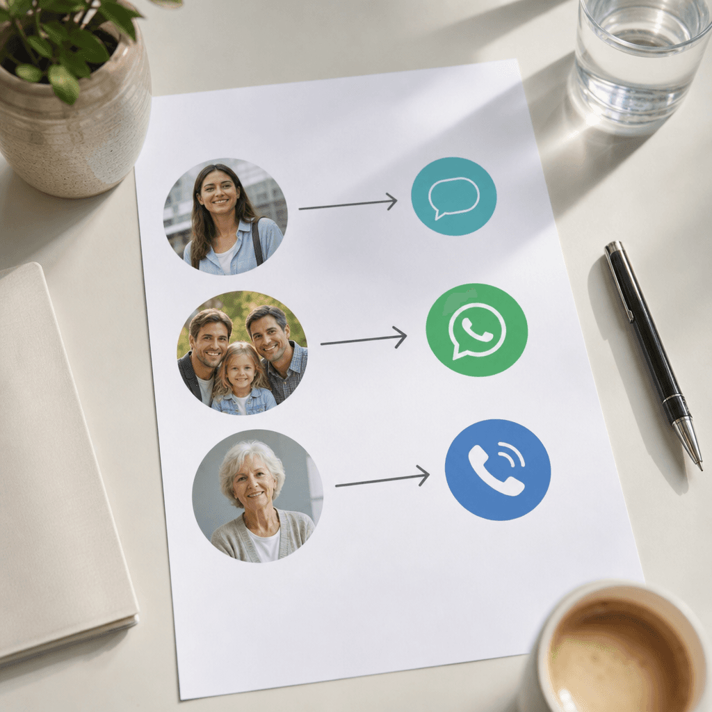 Infographic showing three patient cohorts (young professionals, families, elderly) mapped to different reminder channels with arrows indicating optimal matching