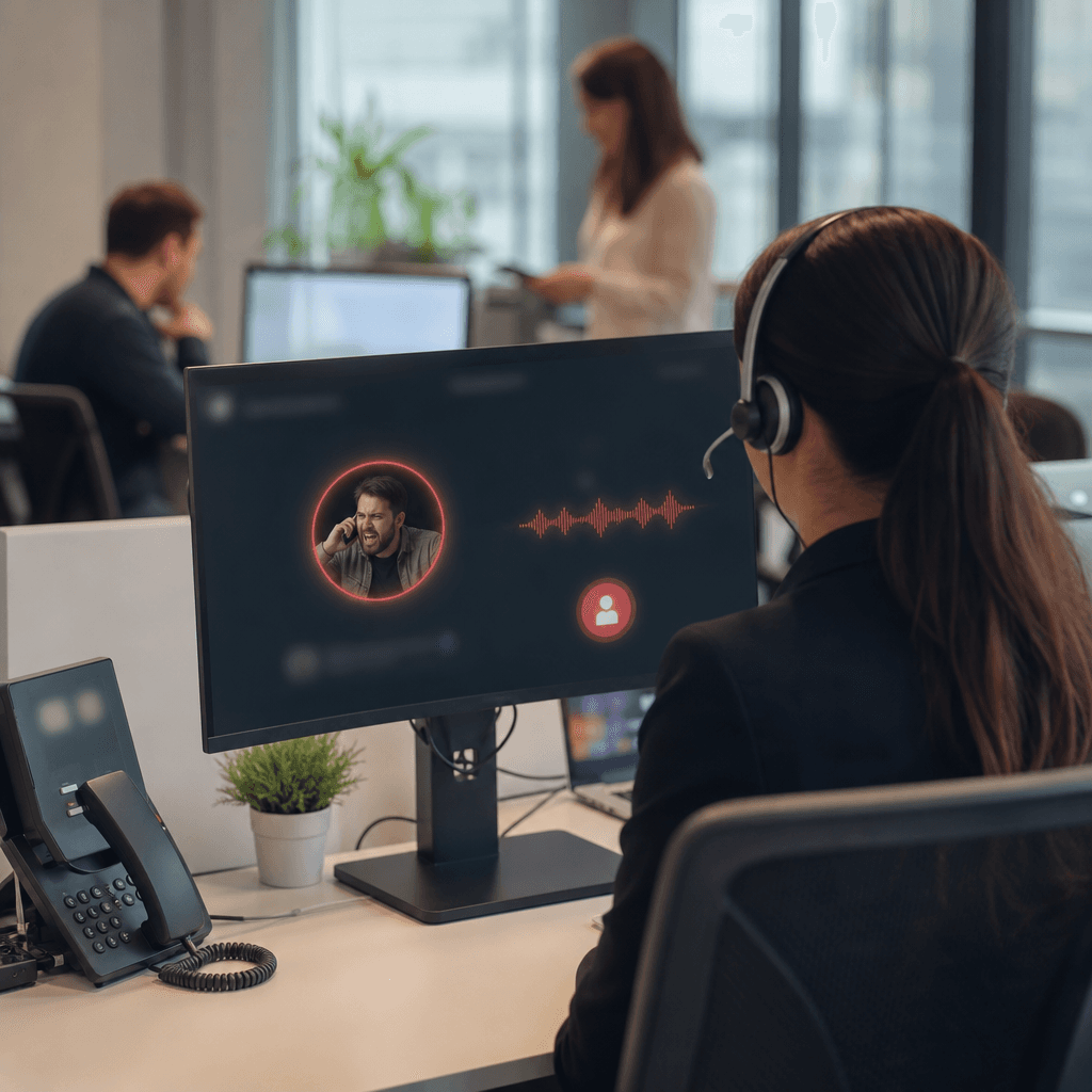 Illustration d'un écran de supervision montrant un appel en cours avec indicateur d'émotion et bouton de transfert vers agent humain