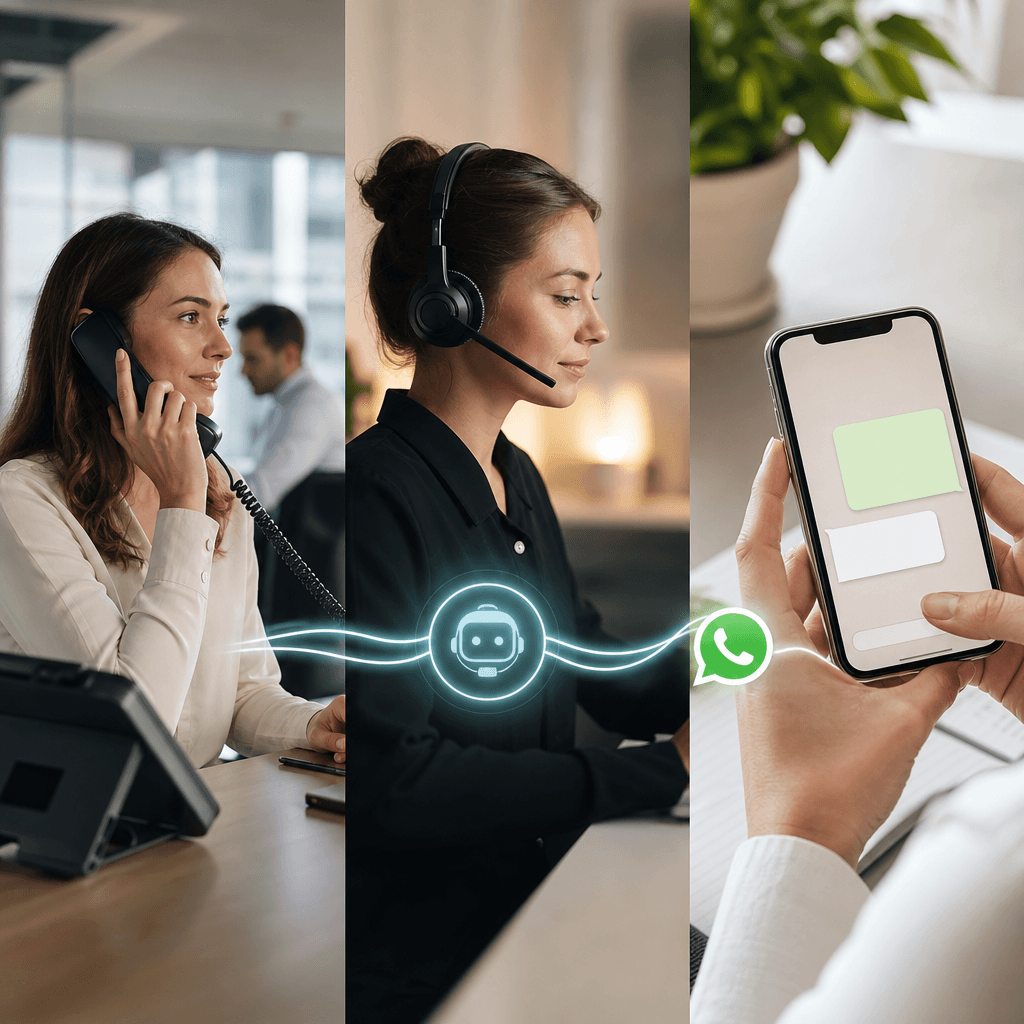 Schéma visuel montrant le flux: appel téléphonique entrant → agent IA → message WhatsApp automatique envoyé au client avec récapitulatif