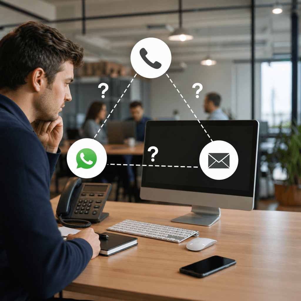 Schéma montrant un parcours client fragmenté: téléphone, WhatsApp et email comme trois silos déconnectés avec des points d'interrogation entre eux