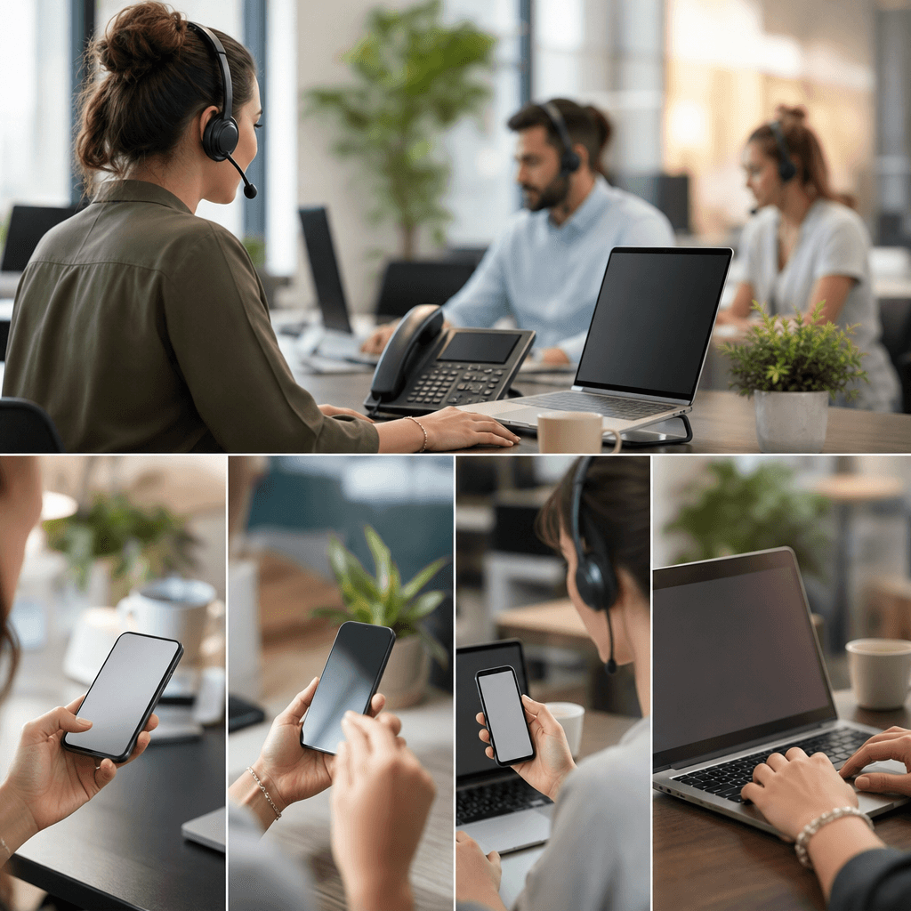 Timeline visuelle: 9h00 appel manqué > 9h05 WhatsApp automatique avec contexte > 9h12 réponse client > 9h13 fiche CRM mise à jour avec rappel programmé