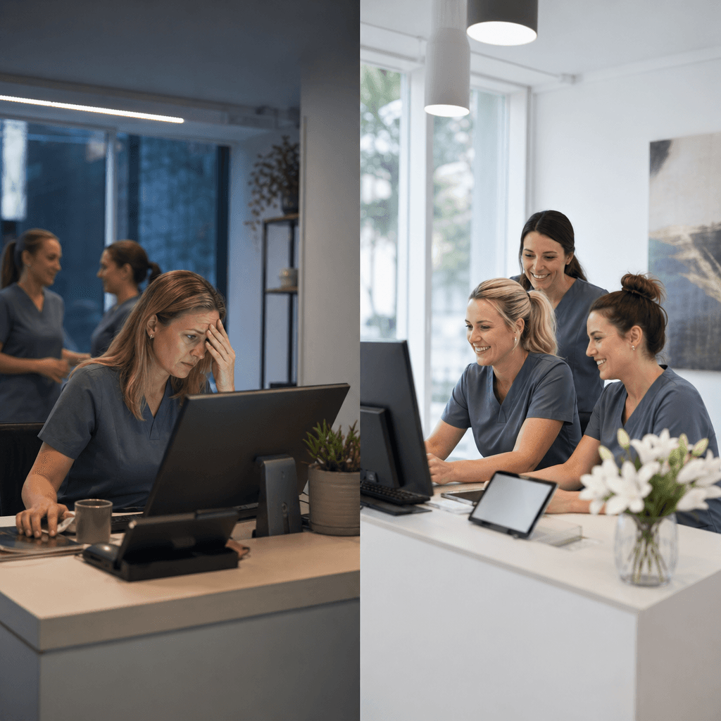 Split-screen visual: left side shows a stressed practice manager at 5pm with an uncertain schedule board, right side shows a calm team at 9am with a fully confirmed digital schedule.